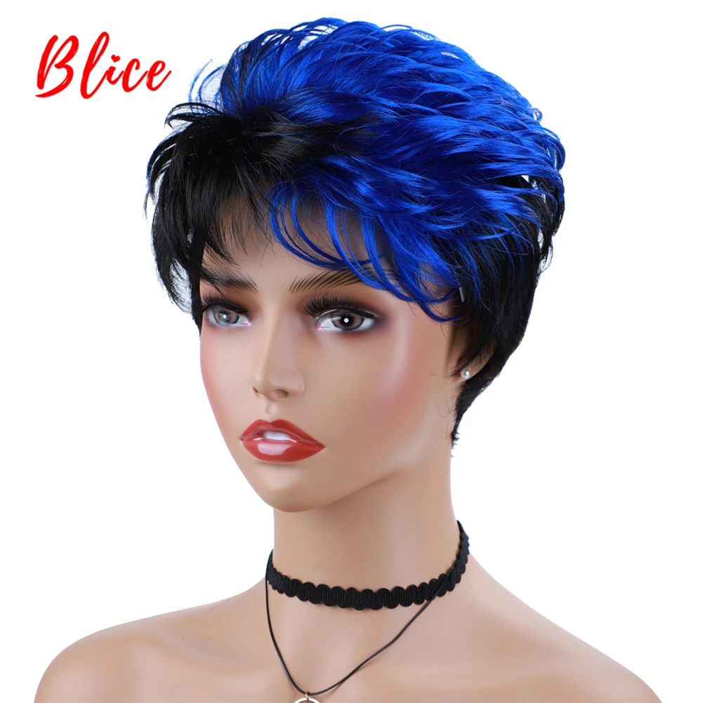 Blice Synthetic Hair Mixed Color Wigs Short Wavy For Black Women Heat Resistant Kanekalon Wig 1B/Blue Daily Wig