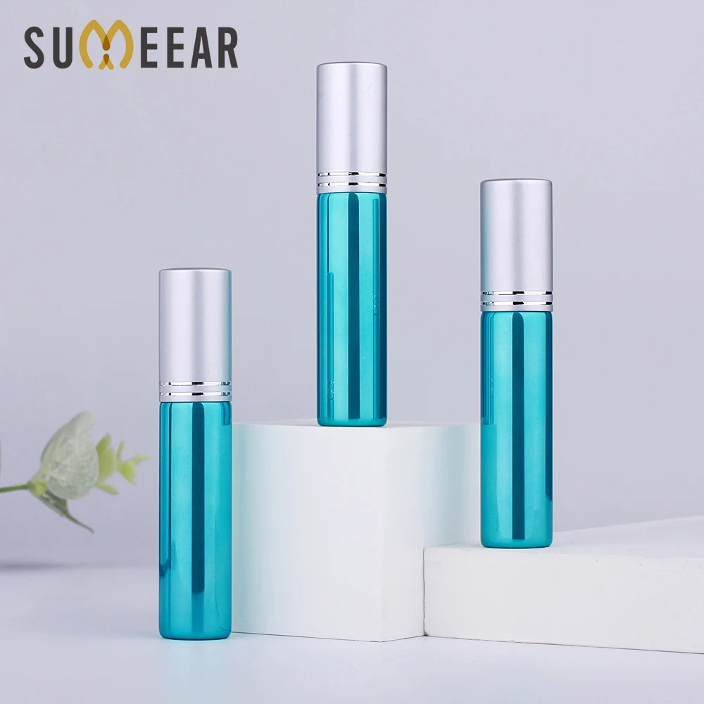 100Pieces/Lot 10ML Portable Green Empty Glass Perfume Bottle Refillable Atomizer Matte Silver Aluminum Spray Bottles Containers