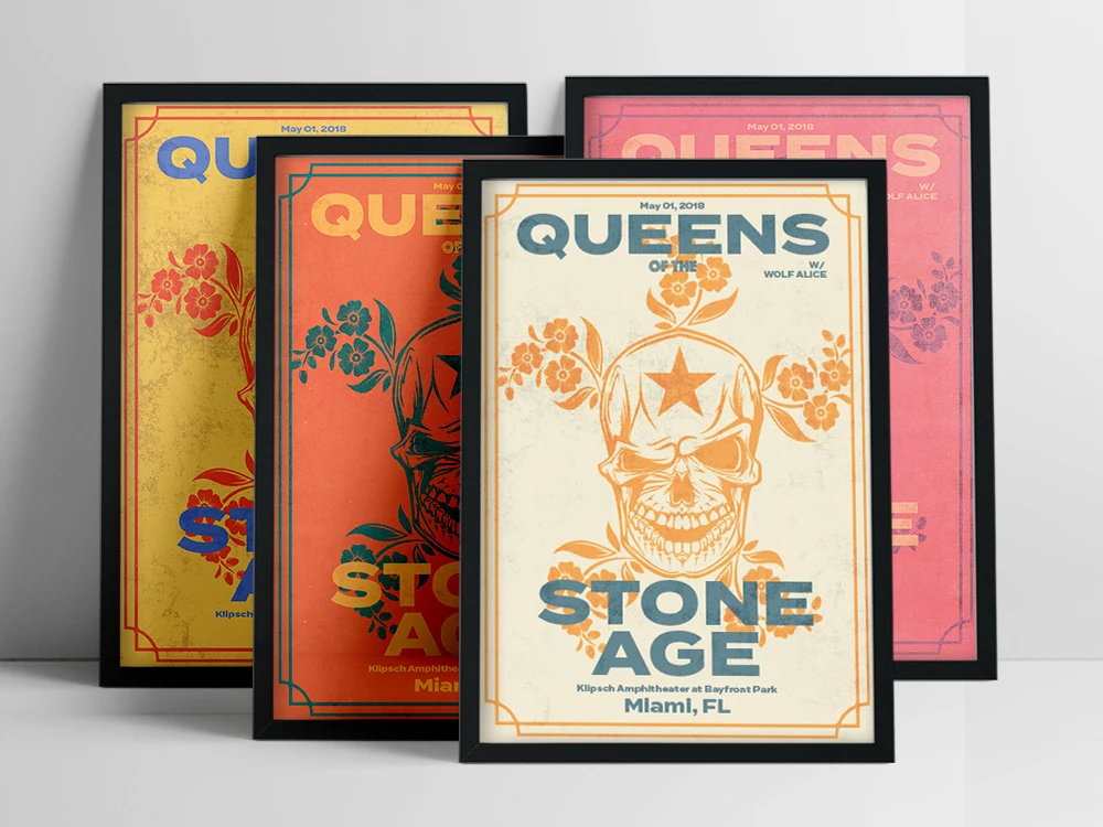 Queens Of The Stone Age Gig Poster Skulls Flowers Art Poster Retro Colours Canvas Painting Abstract Print Living Room Home Decor