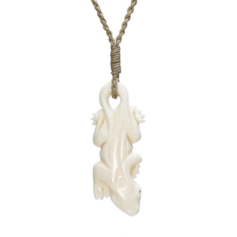 NGX084 Handmade Man Jewelry New Zealand Maori Tribe Pendant Yak Bone Gecko Womens Hemp Rope Weaving lizards Necklace for Surfing