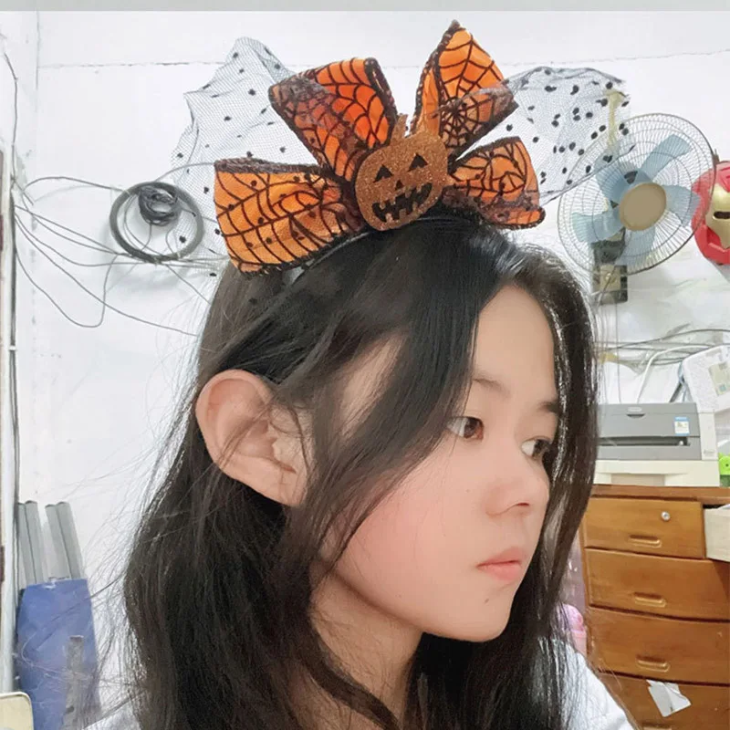 Halloween Theme Hair Hoop Multipurpose Pumpkin Bow Headband Elastic Party Hair Accessories for Women d88