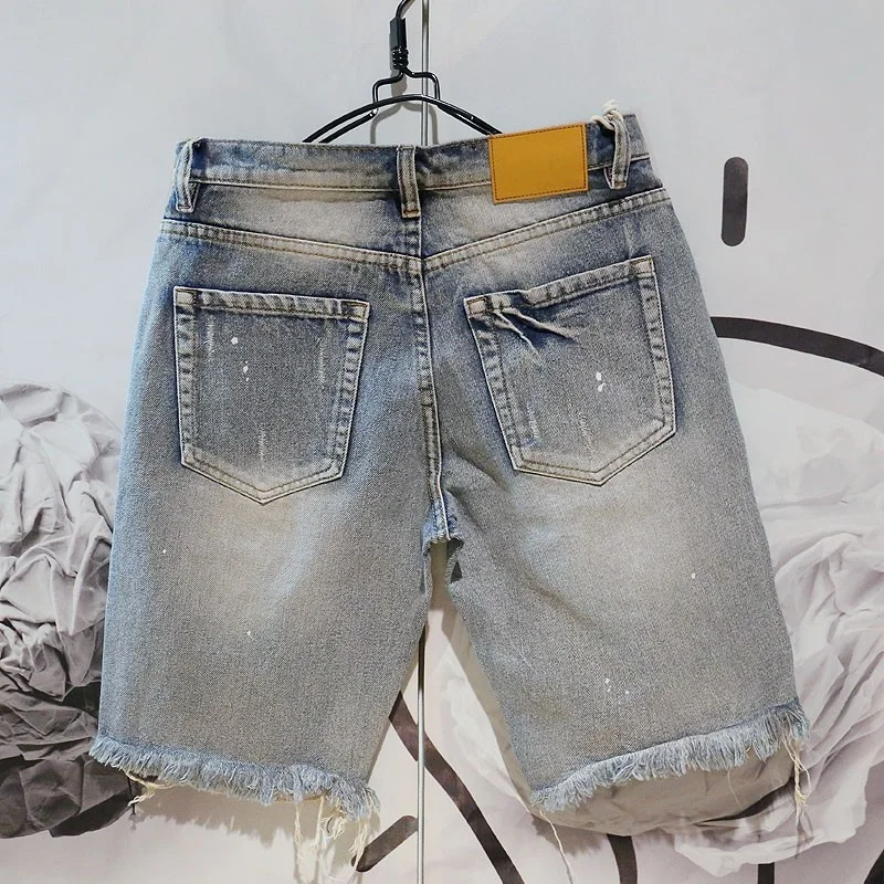 

2022 Summer Men Knee-Length Shorts Street Casual Hole Ripped Washed Denim Shorts Personality Zipper Straight Short Jeans 28-36