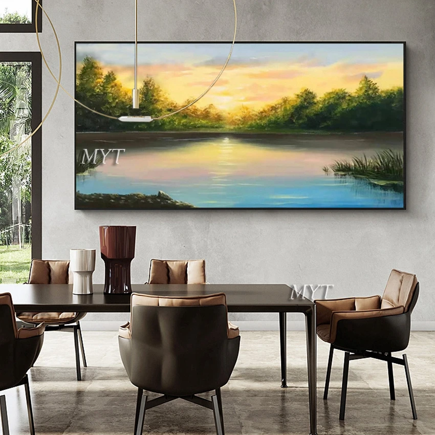 

Outdoor Lake Landscape Oil Painting Hand Painted Large Size Canvas Sunset Scenery Picture Wall Decor Art For Living Room Wall