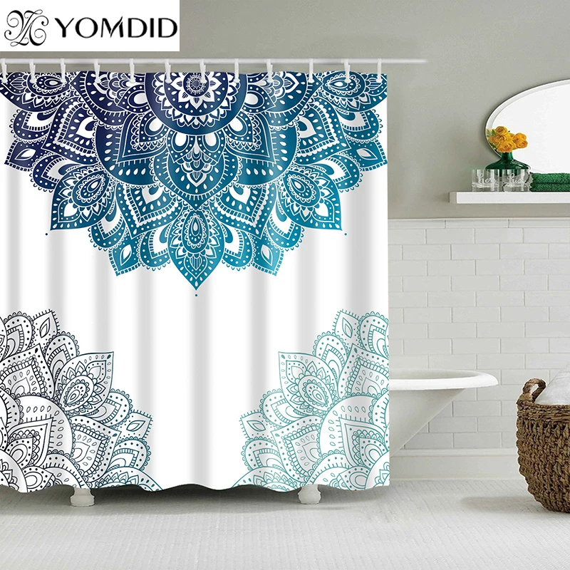 Waterproof Shower Curtain Mandala Flower Printed Bath Curtain Polyester Fabric Geometric Home Bath Decor Curtains With 12 Hooks