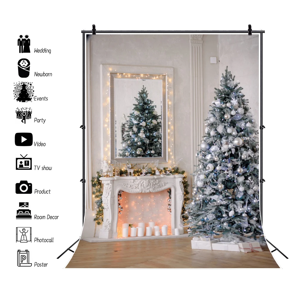 

Laeacco Merry Christmas Tree Candle White Fireplace Brown Floor Interior Baby Portrait Photographic Background Photo Backdrops