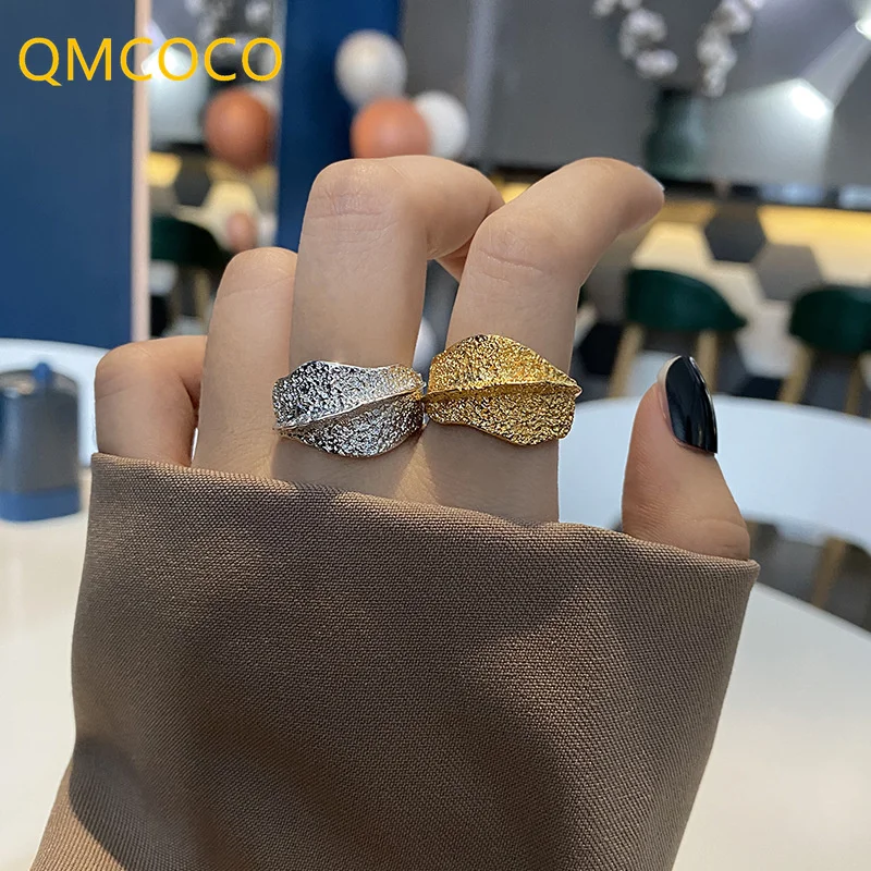 QMCOCO  Silver Color Punk Classic Wide Rings For Women Fashion Punk Vintage Creative Irregular Texture Design Girl Party Jewelry