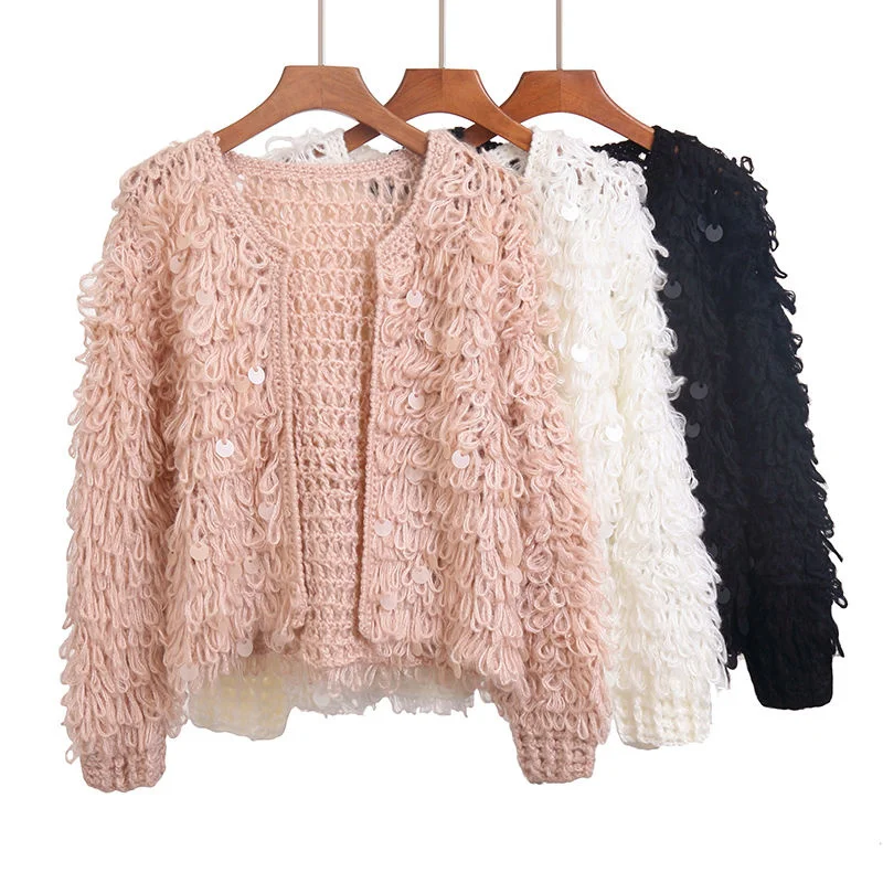 Autumn Winter Korean Women Tassel Mohair Cardigans Sweater Coat Female Long Sleeve Sequins Cardigans Jacket Tricot Femme Tops