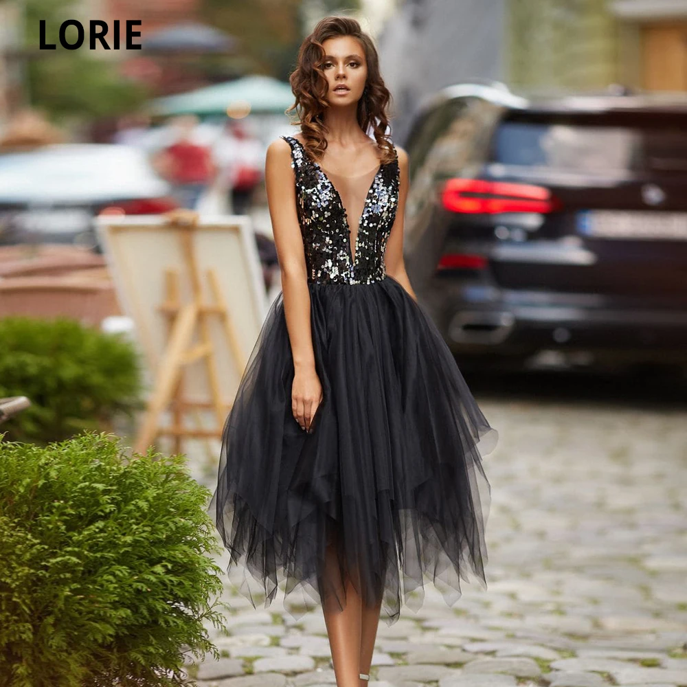 LORIE vestido de noche corto negro, decoración espectacular, largo hasta el té, tul con lentejuelas, vestidos de fiesta de graduación para adolescentes, tamaño personalizado