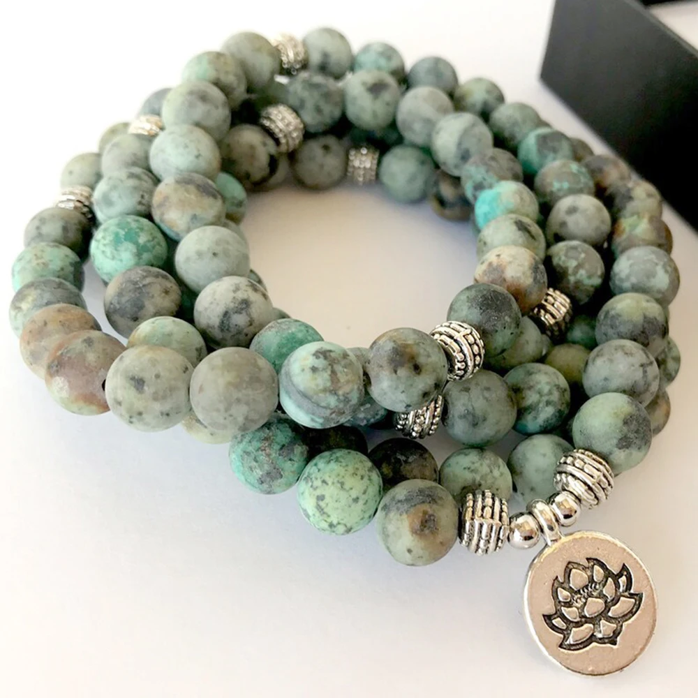 MG1359 8 mm Matte African Turquoise Gemstone 108 Mala Bracelet Women`s Spiritual Balance Bracelet Lotus Yoga Mala Beads Jewelry