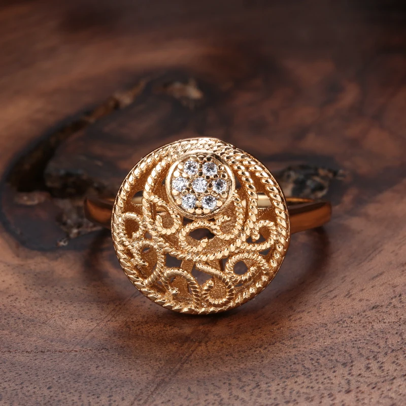 Kinel 2021 جديد 585 روز الذهب المرأة خواتم الأزياء الجوف زهرة الطبيعية الزركون العرقية العروس خاتم خمر غرامة مجوهرات
