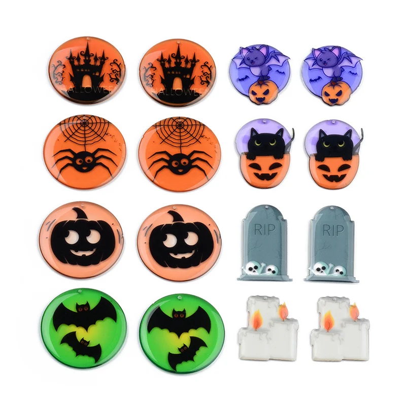 6PCS Halloween Bat Pumpkin Lantern Tombstone Castle Candle Earrings Connectors DIY Pendant Jewelry Findings Components Charms