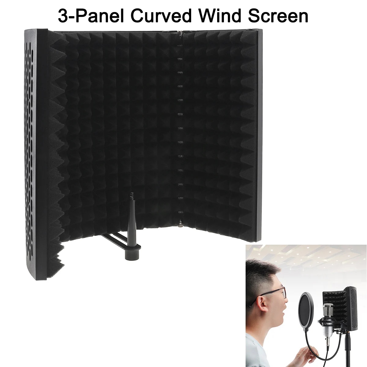 

Recording Microphone Pop Filter Isolation Shield 3-Panel Curved Surface Wind Screen Foldable 3/8 and 5/8 Threaded Absorbing Foam