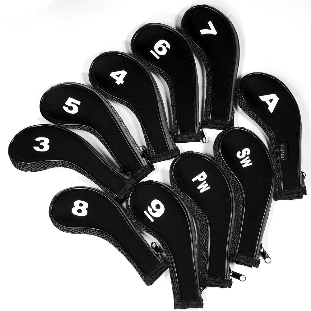 High Quality 10Pcs Rubber Neoprene Golf Head Cover Golf Club Iron Putter Protect Set Number Printed with Zipper Long Neck