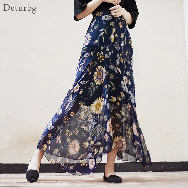 

Women's Fashion Florals Print Long Skirt Female Casual Elastic High Waist Chiffon Asymmetrical Mermaid Skirts 2024 Autumn SK220