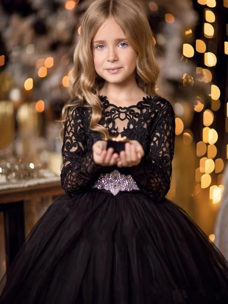 Elegante vestido negro de flores para niña, vestido de fiesta de tul de manga larga, vestidos de primera comunión de tul para niña pequeña