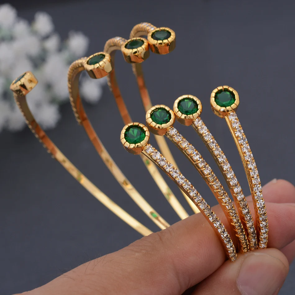 4Pcs/Set Green Dubai Ethiopian Gold Color Cuff Bangles For Women Girls Wife African Bangle Arab Bracelet Jewelry Holiday Gift