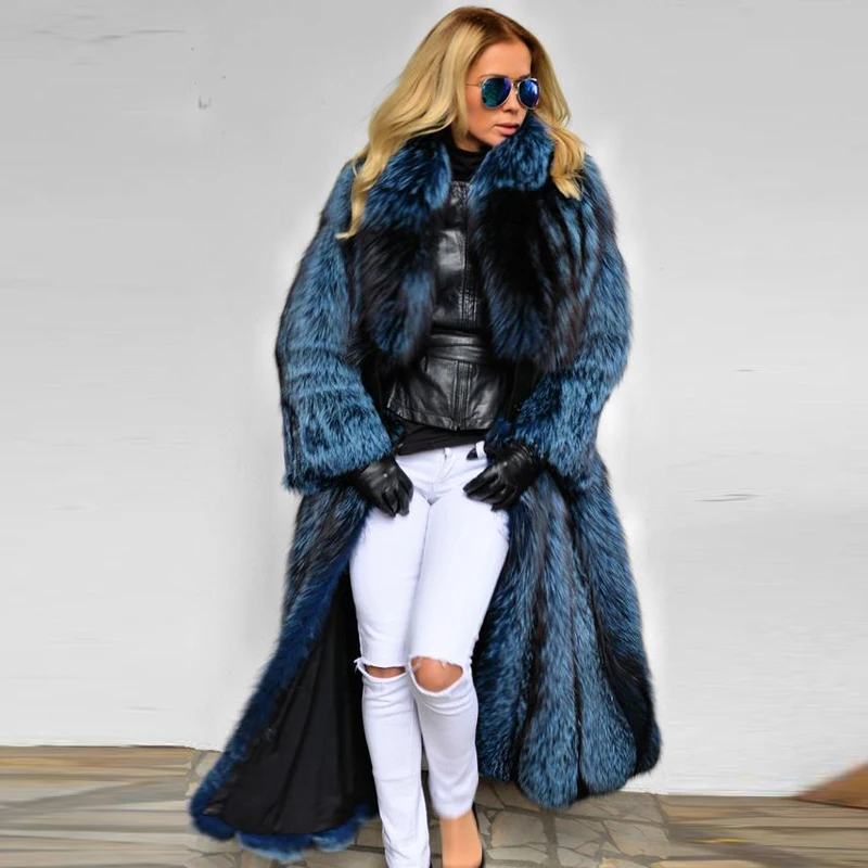 120cm Long Fashion Women Real Fox Fur Coat With Fur Collar Full Pelt Natural Silver Fox Fur Jacket Woman Russian Winter Overcoat