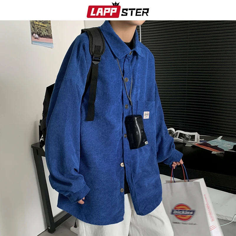 LAPPSTER Men Corduroy Vintage Autumn Shirts 2023 Mens Korean Fashion Harajuku Shirts Male Oversized Streetwear Colorful Shirts