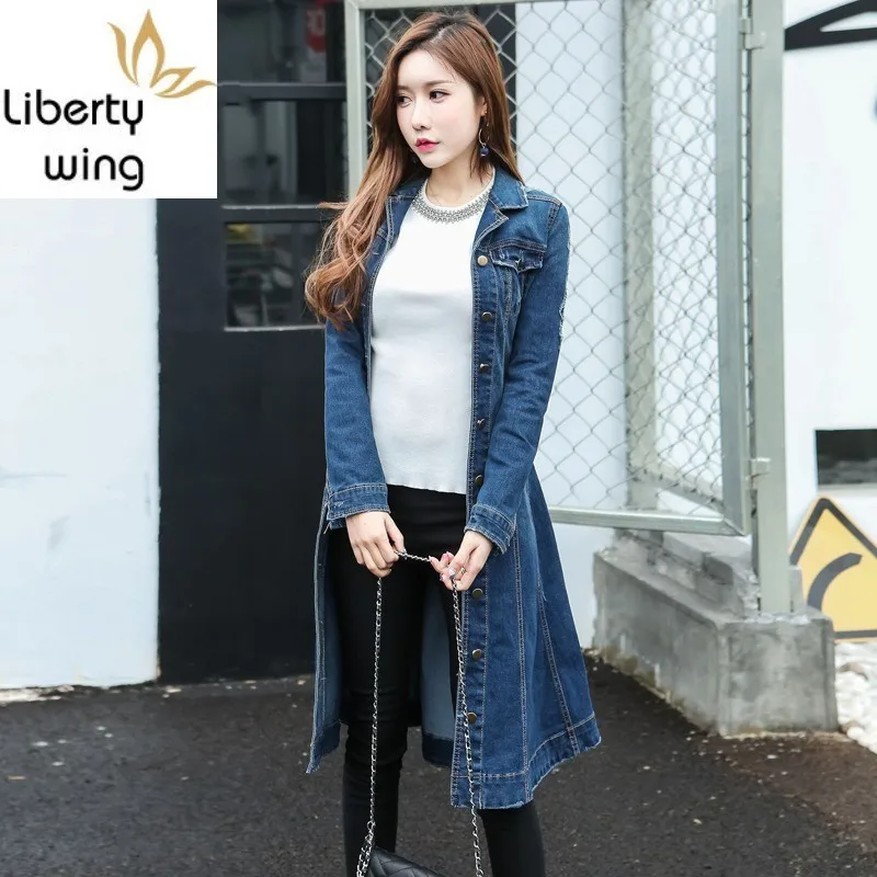 

Women Windbreaker Slim Fit Spring New Casual Boyfriend Long Coat OL Style Belt Frayed Blue Denim Trench Female M-XL