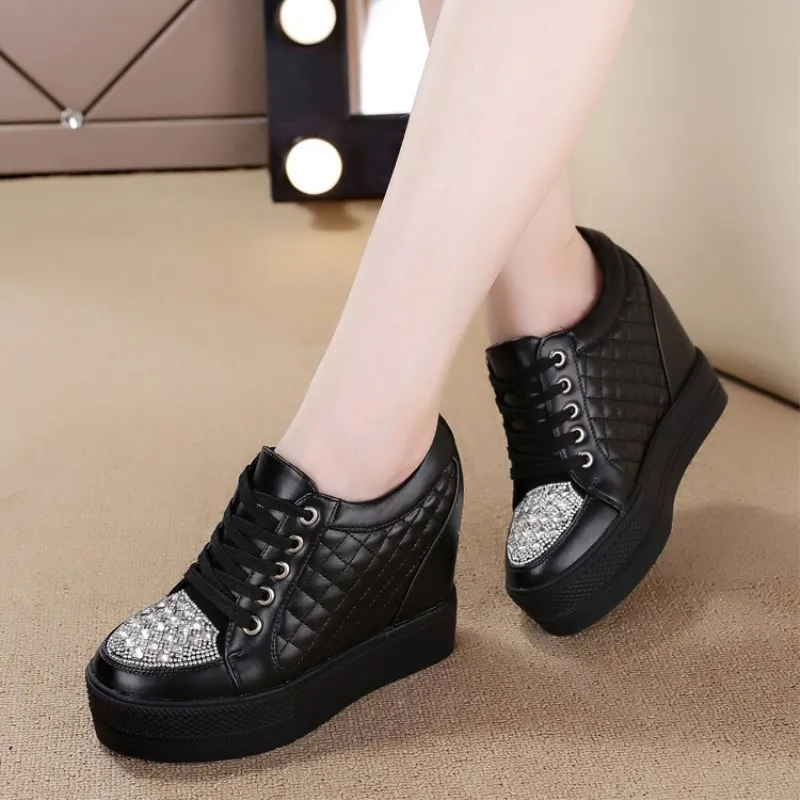 2023 New Autumn White Hidden Wedge Heels Casual Shoes Woman Bling Platform Shoes Elevator 10CM High-heels Walking Sneakers Woman