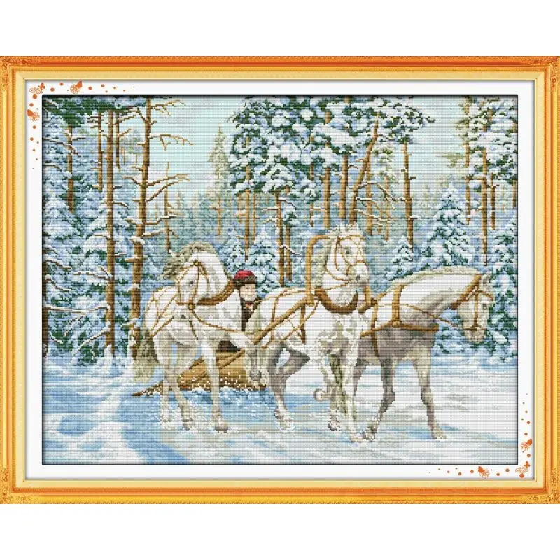 Carriage in the snow Cross-stitch kit Three white horse animals Pattern 14ct11ct count Printed canvas embroidery set DIY crafts