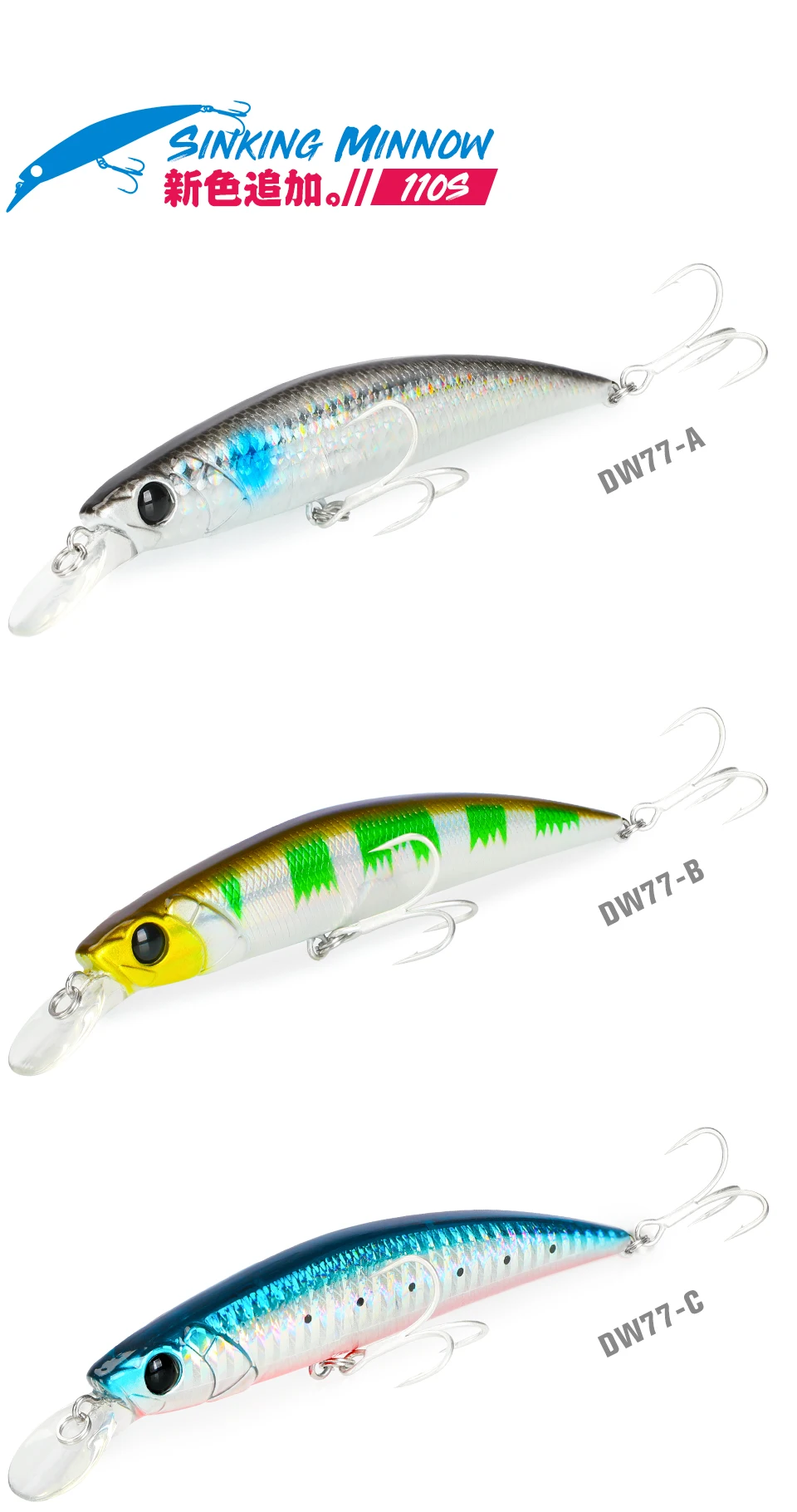 TSURINOYA 110S Sinking Minnow DW77 110mm 22g Großer Kunstköder für Forellen, Hechte, Wolfsbarsche, Meeresangeln, Jerkbait, Wobbler – Detail 15