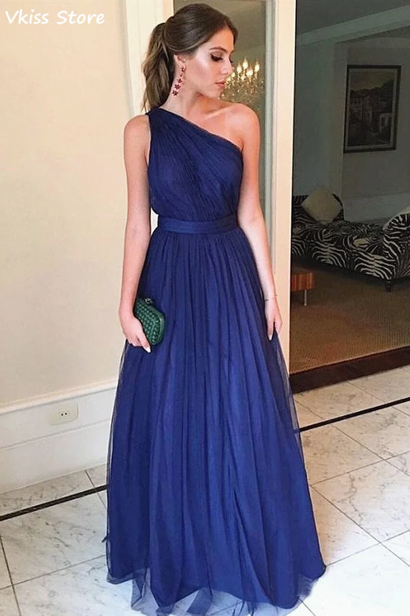 Marineblauw Prom Dress Eenvoudige Tulle Een Schouder Mouwloze Floor Lengte A-lijn Backless Avondjurk Robe De Soiree De Mariage