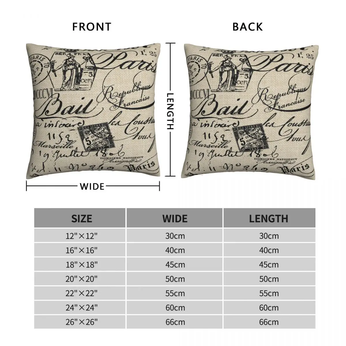 French Script Square Pillowcase Polyester Linen Velvet Printed Zip Decorative Home Cushion Cover