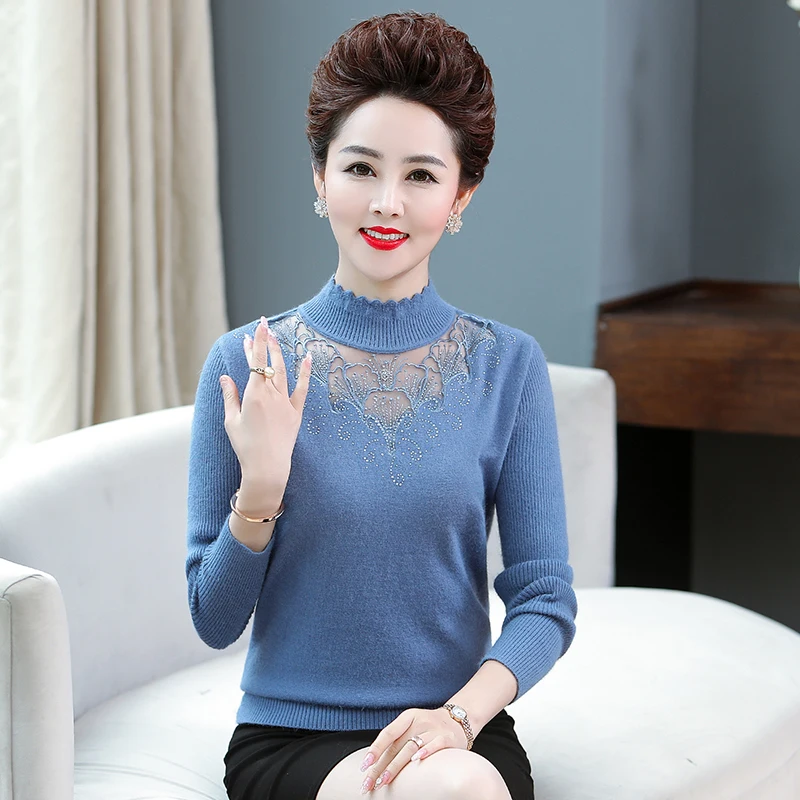 

High Quality Elegant Women's Autumn & Spring Blouse Sweater Middle-aged Mother Lace Floral Knitted Blouse Tops