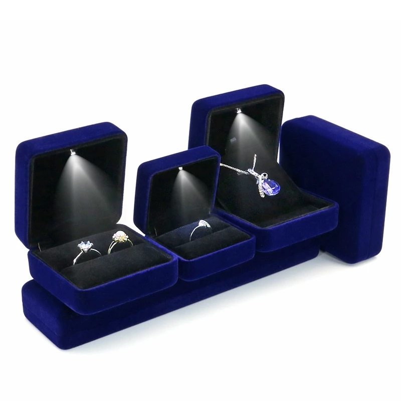 Velvet LED Jewellery Box Wedding Ring Pendant Earring Jewelry Display Packaging Cases with Custom Logo Jewellery Gift Box Cases
