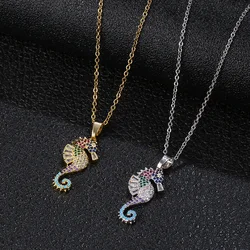 2020 Trend Stainless Steel Color Zircon Sea Horse Pendant Necklace For Women Ocean Wind Beach Gold silver Color Jewelry Gift