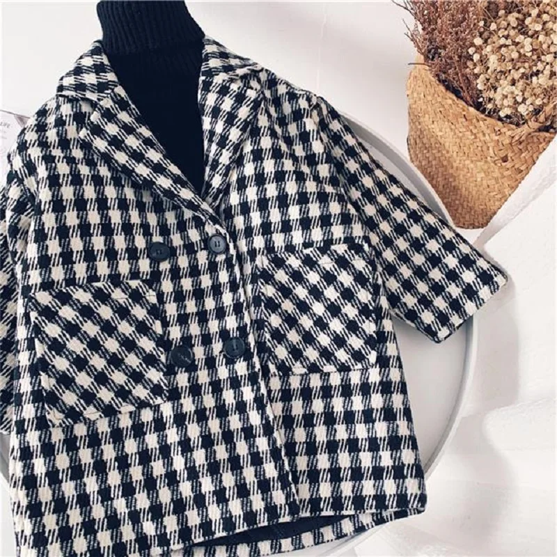 Baby Boy Girl Woolen Plaid Jacket Long Double Breasted Warm Child Lapel Tweed Coat Cotton Padded Baby Outwear Clothes 1-10Y