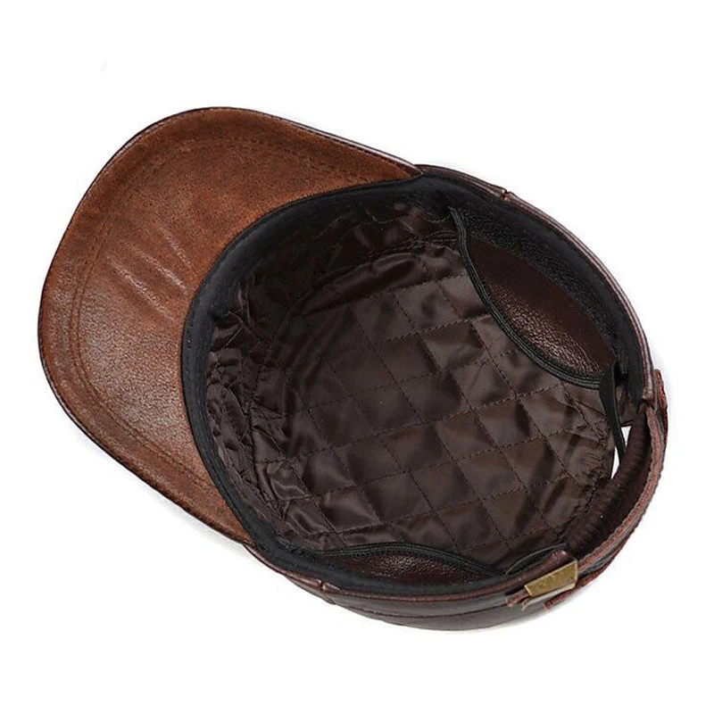 New Winter Men Genuine Leather Military Hat Ceiling Earmuffs Flat Hat Male Keep Warm Leisure 55-62 cm Adjustable Cow Skin