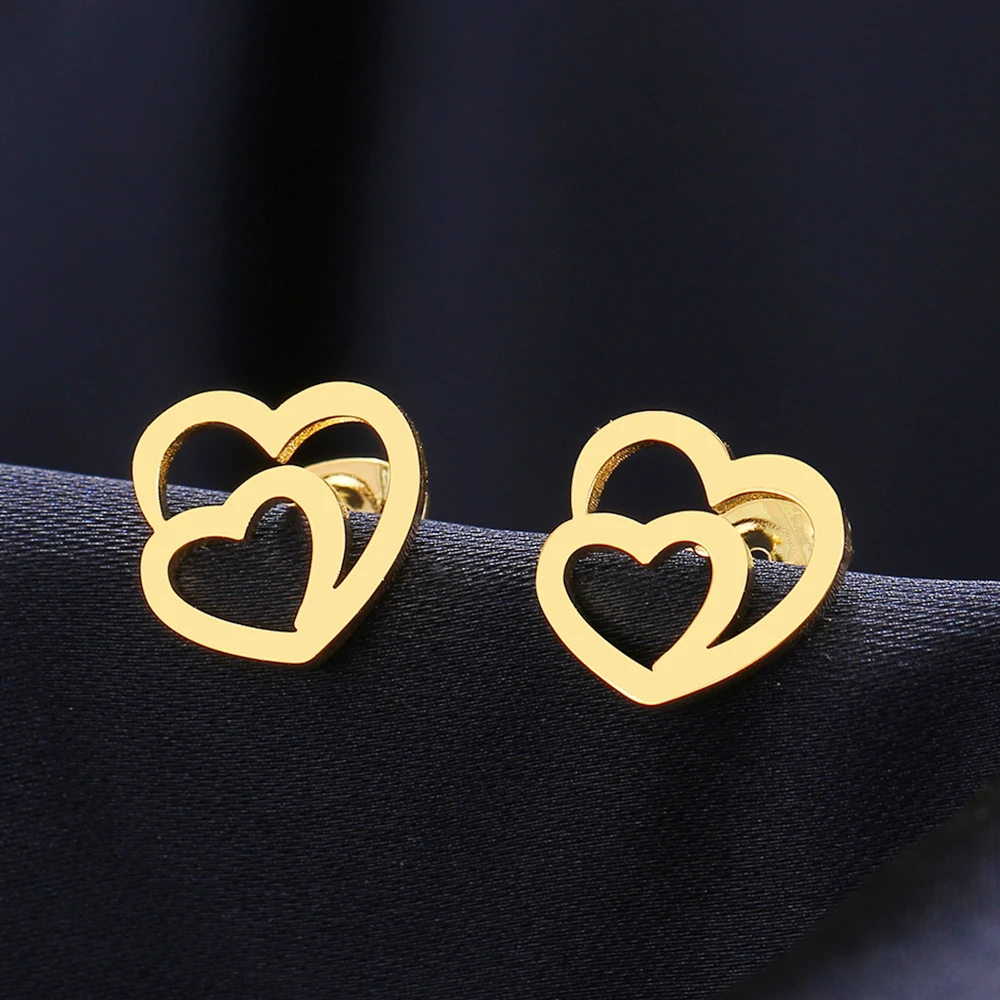 Stainless Steel Earrings Hollow Double Heart Fashion Stud Earrings Classic Simple Earrings For Women 2022 Jewelry Wedding Party