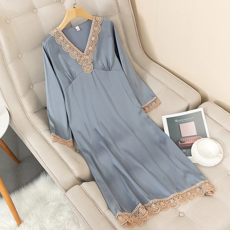 Spring New Satin Long Nightdress Women Sleepwear Lace Nightwear Silky Sleep Dress Home Dressing Gown Soft Intimate Lingerie