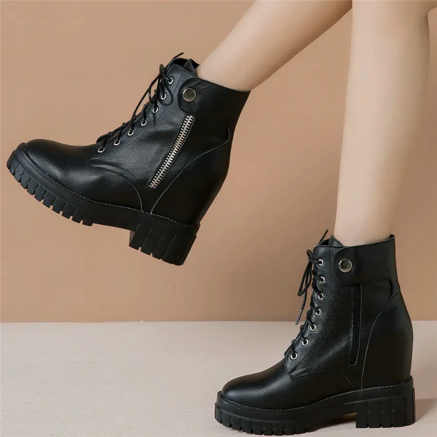 Fashion Sneakers Women Genuine Leather Wedges High Heel Pumps Shoes Female High Top Round Toe Military Ankle Boots Casual Shoes