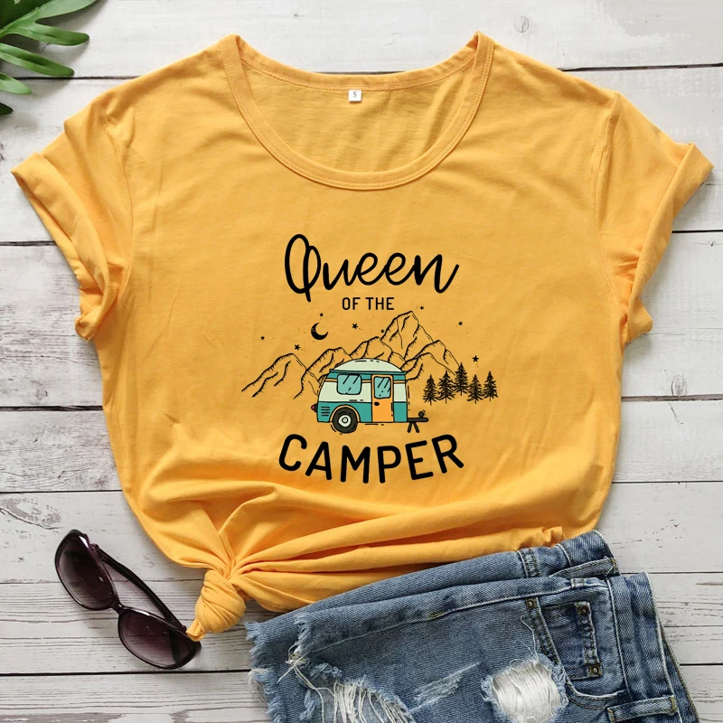 Colored Queen Of The Camper T-shirt Aesthetic Hipster Summer Vacation Tshirt Cute Women Camping Outdoor Top Tee Shirt