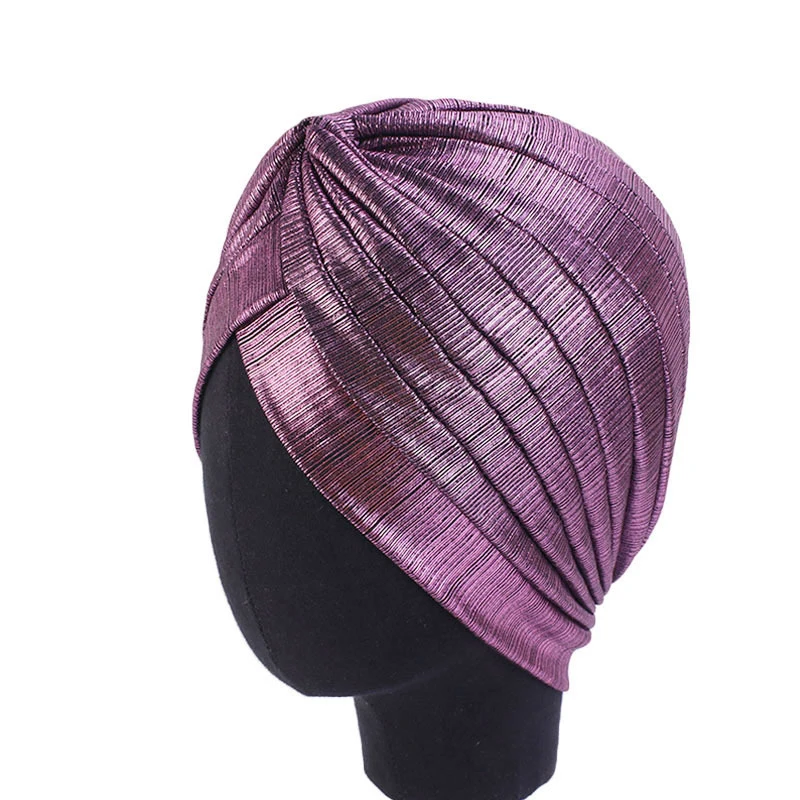 Women Metallic Pleated Turban Shiny Hijab Head Wrap Beanie Hat Muslim Chemo Cap Fashion Designs Solid Headwear Hair Accessories