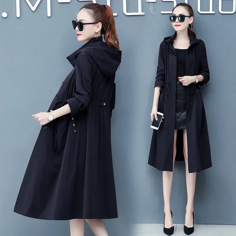 2019 Spring Autumn Classic Long Trench Coat Women Casual Thin Long Sleeve Windbreaker Female Korean Hooded Overcoat Outwear 1180