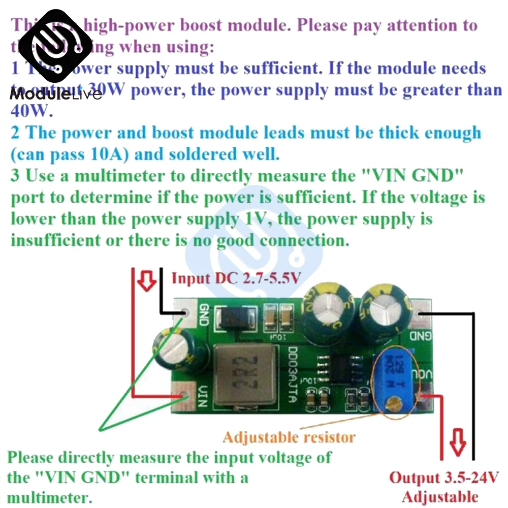 30W DC 3V 3.3V 3.7V 5.5V a 5V 6V 7.5V 9V 10V 12V 14.8V 24V Step-Up Boost Converter Board per batteria al litio 3.7V 18650 modulo