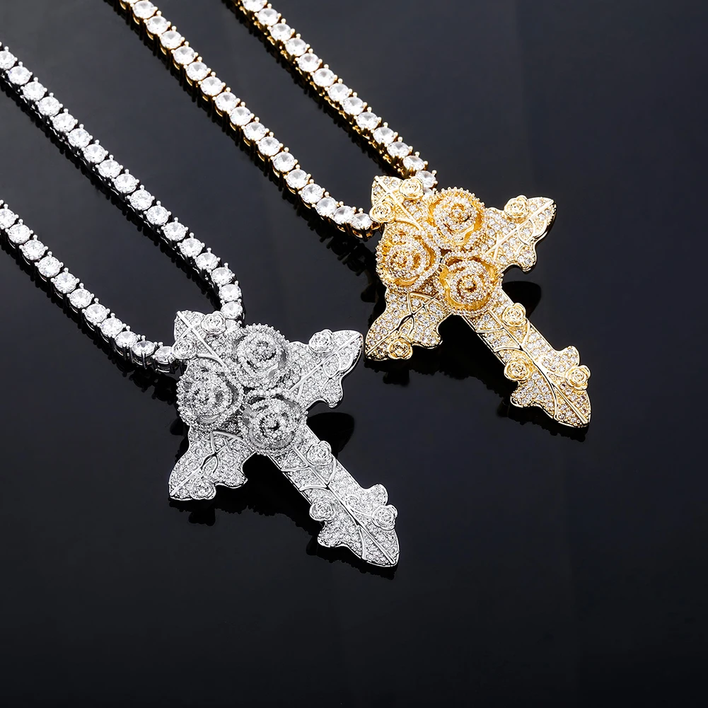 TOPGRILLZ New Rose Cross CZ Pendant Necklace High Quality Iced Out Bling Bling Pendant Hip Hop Rappers Jewelry For Gift Party