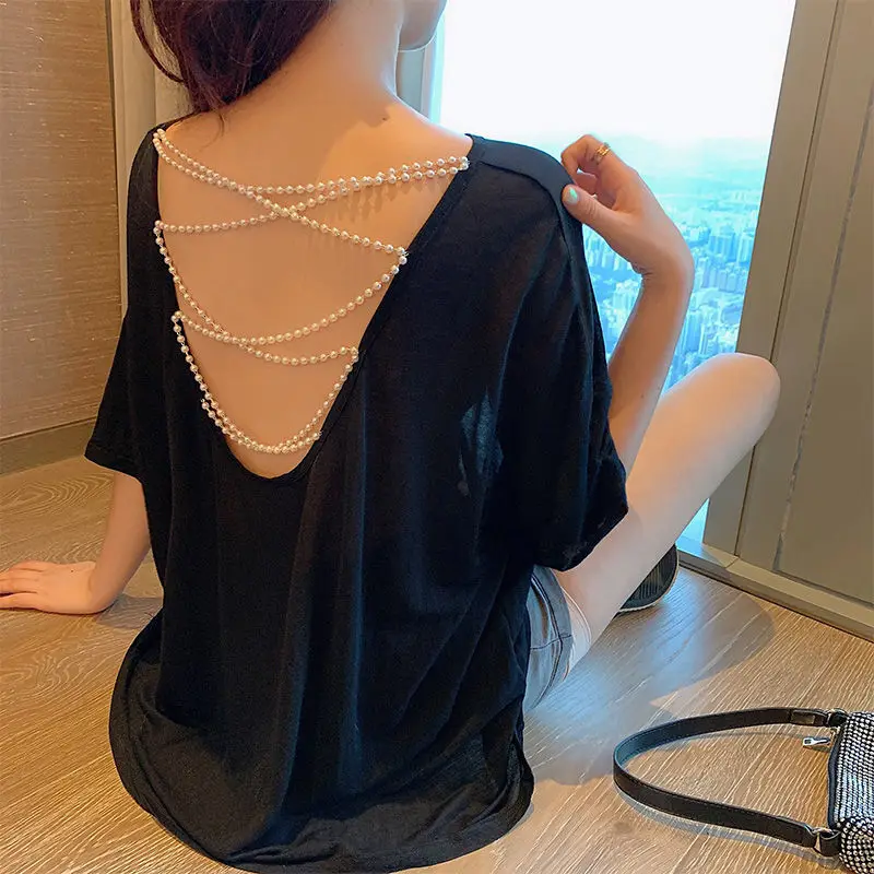 2024 New Short-sleeve T-shirt For Women Round-necklace Top Casual Loose Solid Hipster Sexy Summer Tee 3XL