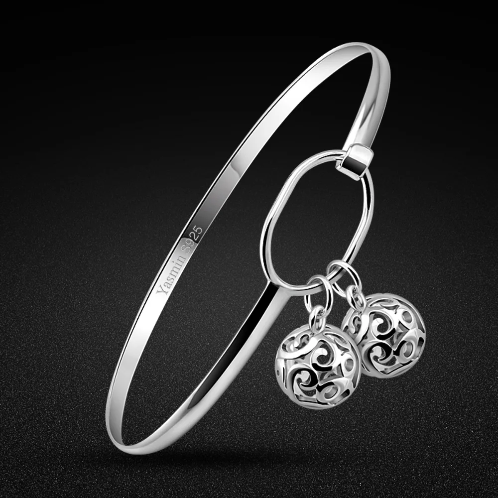 Nueva pulsera de plata 925 para mujer, pulsera con colgante de bola con patrón minimalista, pulsera abierta de plata esterlina para estudiantes, joyería fina
