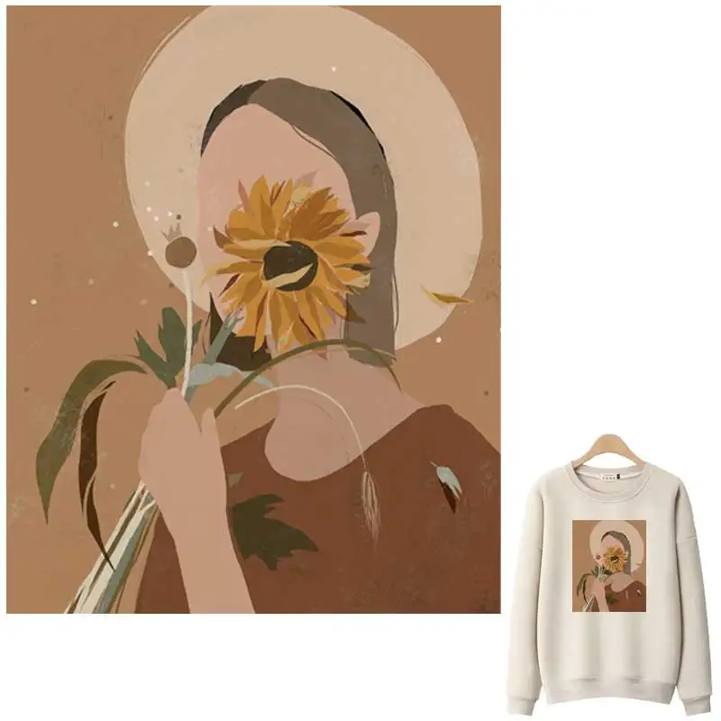 Iron-On Transfer For Clothes Sunflower Girl A-Level Washable Woman T-Shirts Thermoadhesive Patches Small Fresh Clothing Sticker