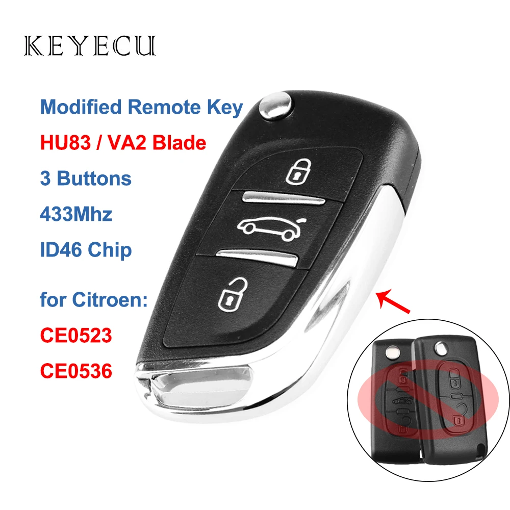 

Keyecu Modified Folding Flip Remote Key Fob 3 Buttons 433MHZ ID46 Car Key for Citroen C2 C3, 0523 0536 Model,VA2/HU83 Blade