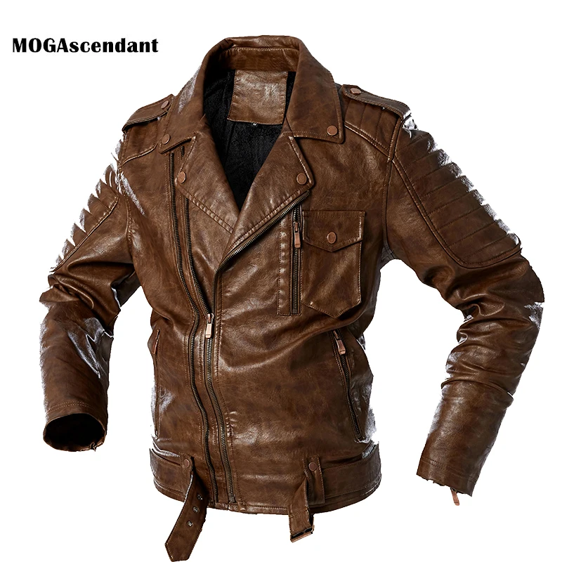 Men\'s Winter Punk Rock Faux Jacket Male Zipper Retro Motorcycle Pilot Leather Jackets Coats Fleece Faux Leather Jacket M-4XL