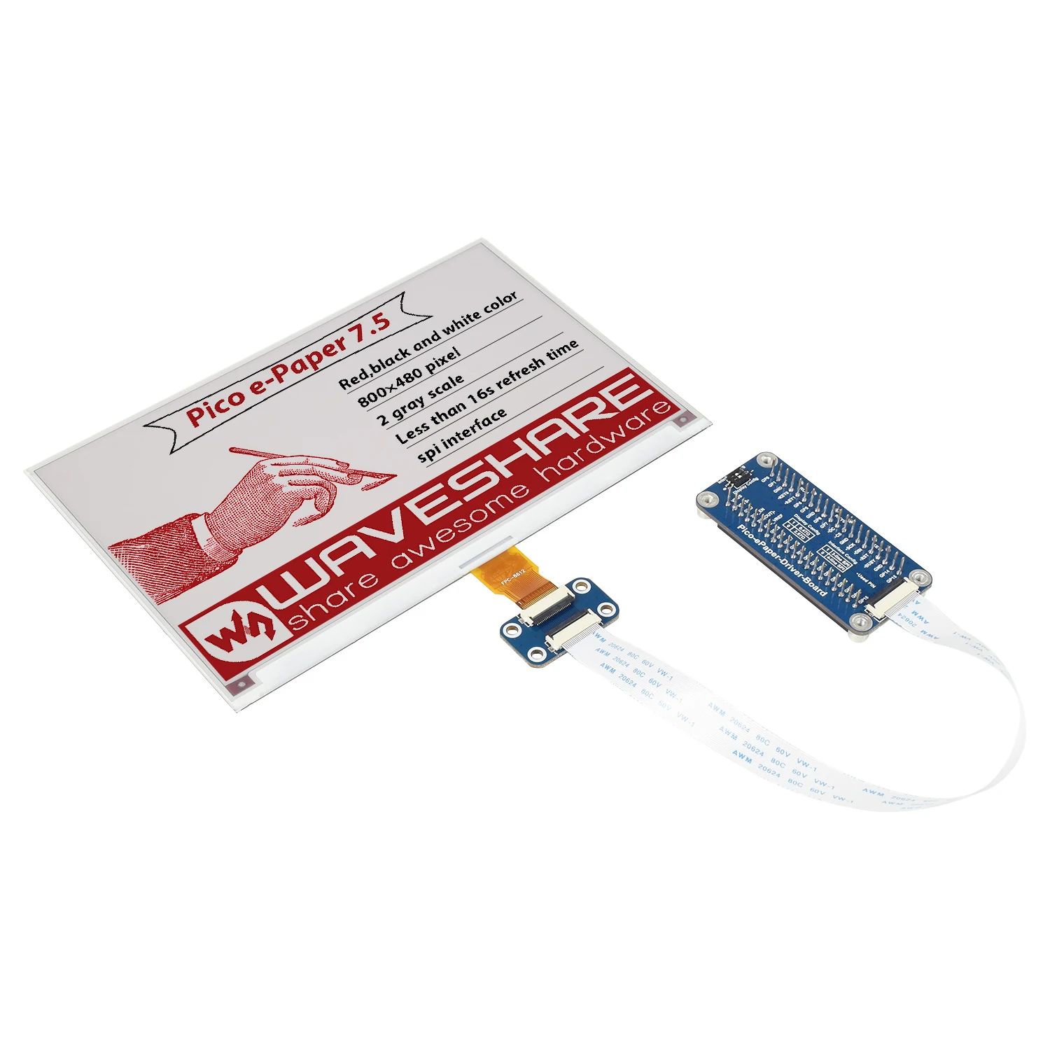 Chapéu de expansão de tela de tinta eletrônica de 7,5 polegadas e 3 cores para RPI Raspberry Pi PICO 2 W Kit inicial de placa RP2040 RP2350