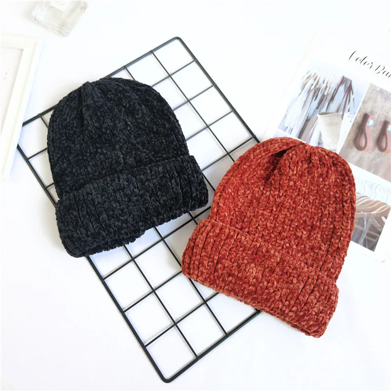 Chunky striped Beanies Hats Winter Women girl Thick Warm Soft Corduroy Knitted Hat Skullies Cap Curled Skullcap Ski Sport