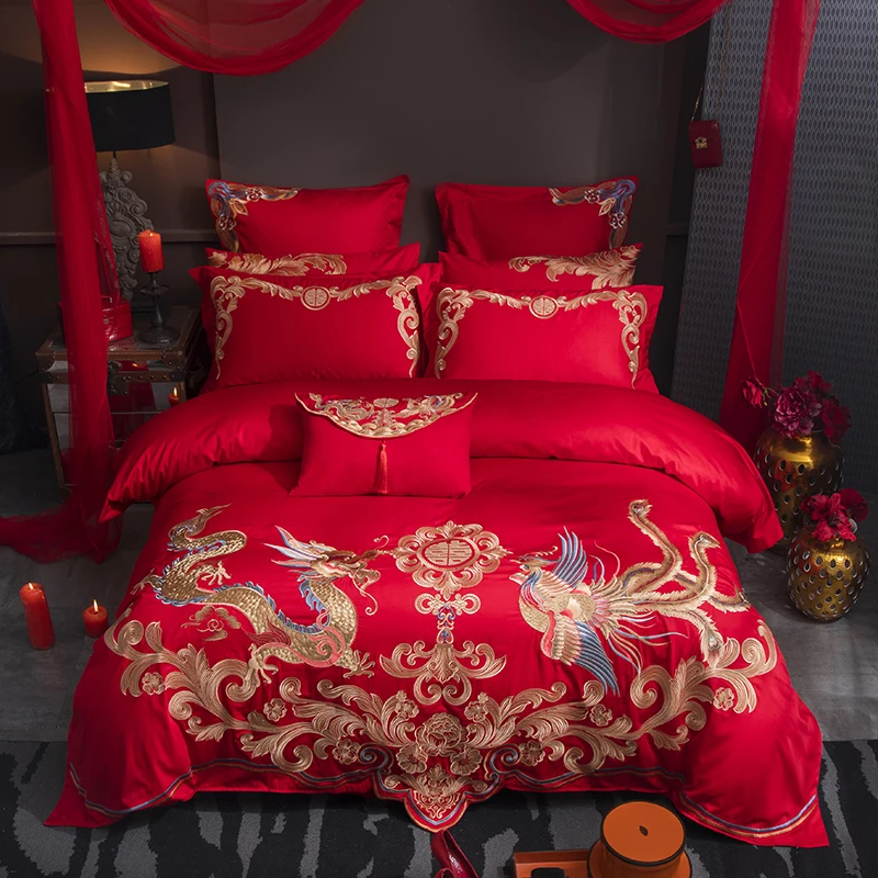 

Loong Phoenix Embroidery Bedding Set, 100% Cotton, Luxury,Chinese Wedding, Red Duvet Cover, Bed Sheet, Pillowcases, Home Textile