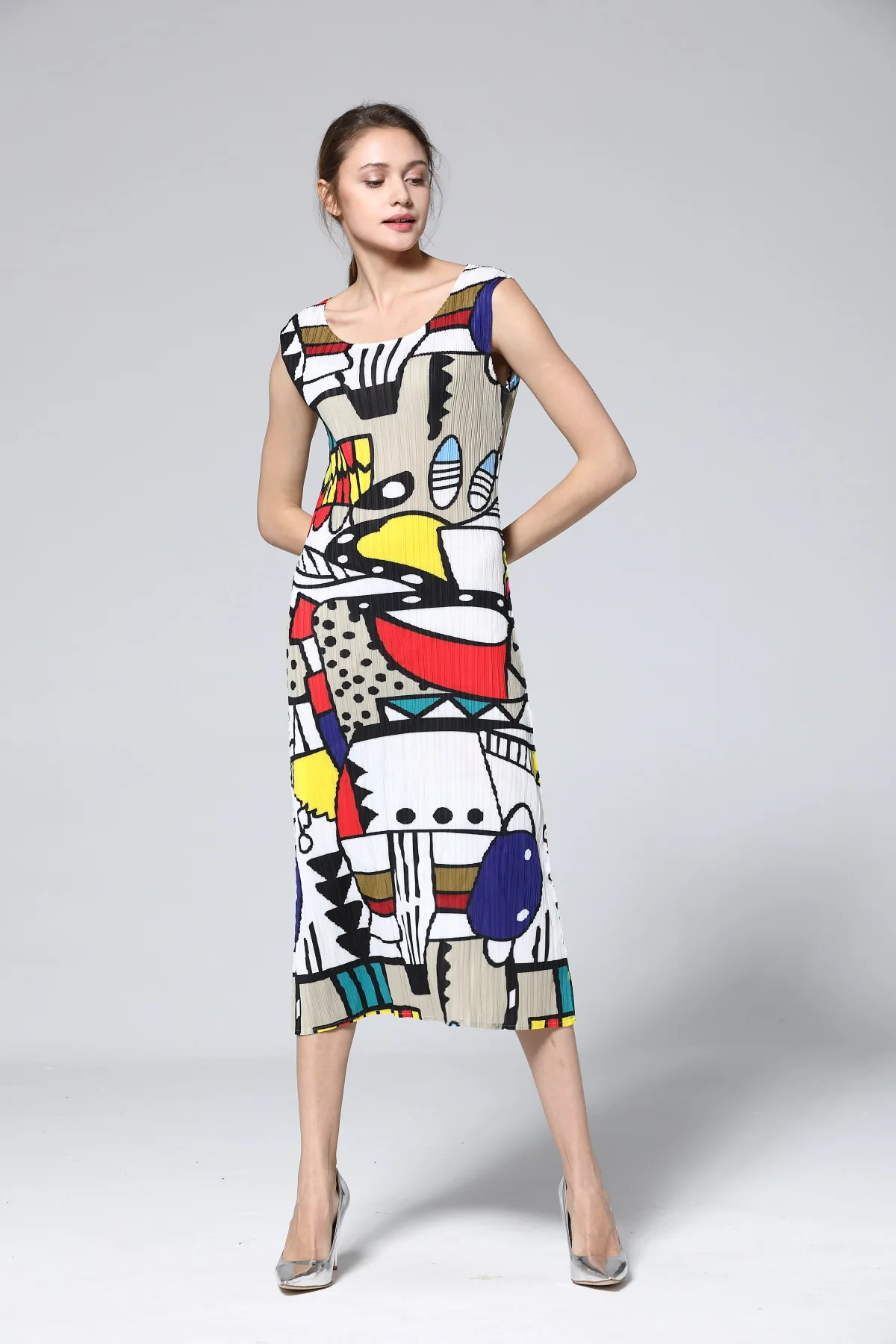 

HOT SELLING Miyake Fold fashion geometry print o-neck sleeveless dress IN STOCK